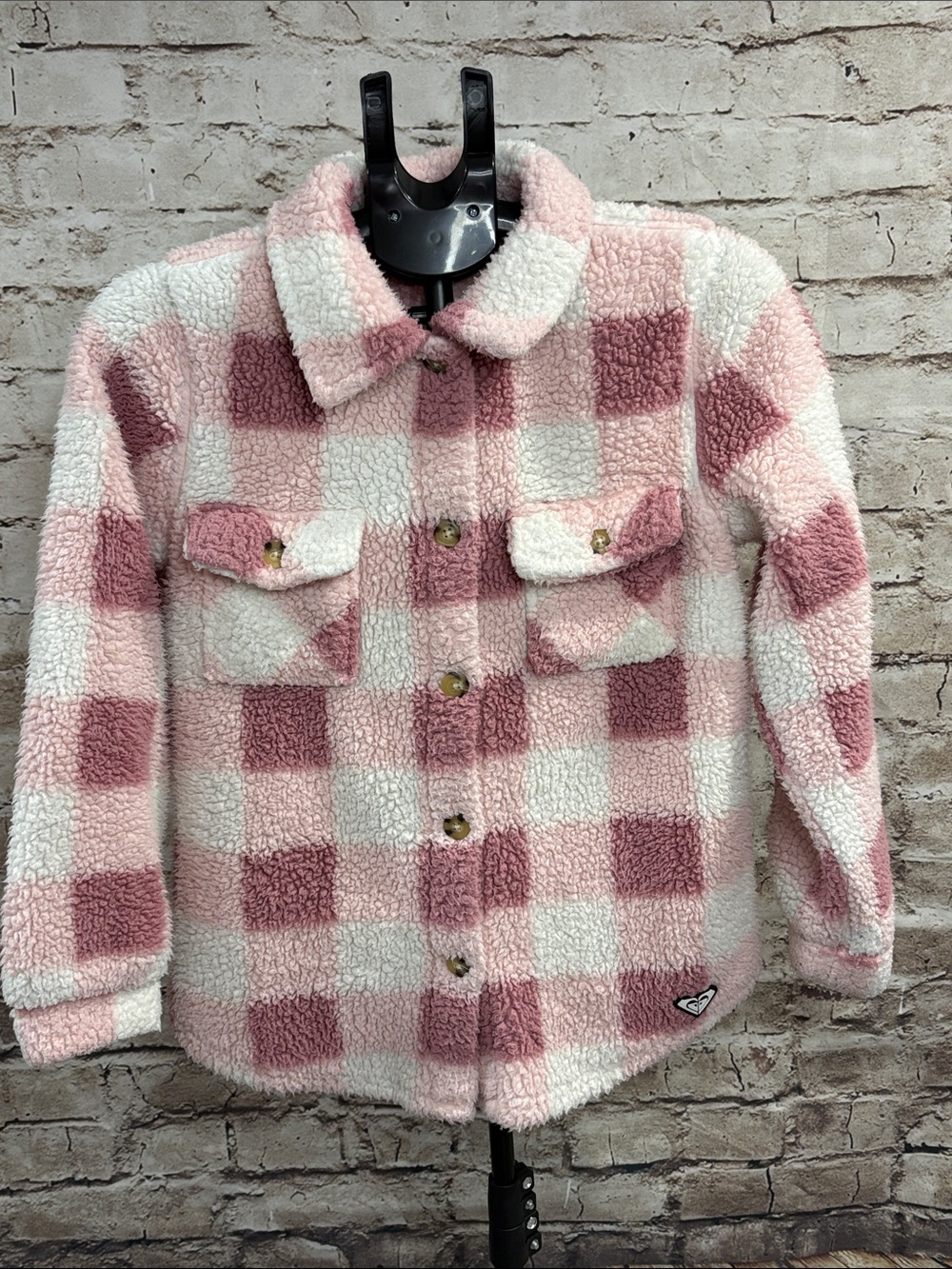 Roxy Pink & White Check Sherpa Puffer Jacket - Girls
